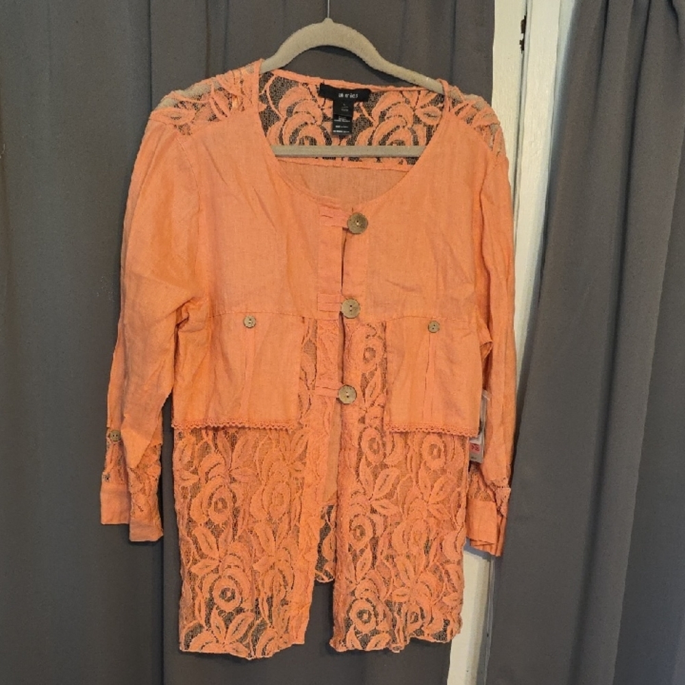NWT Ali Miles Women's 100% Linen W/Lace Detail Jacket Rusty Peach Buttons Sz L